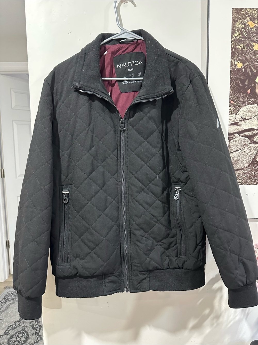 Nautica Men's Black Quilted Puffer Jacket with Burgundy Lining